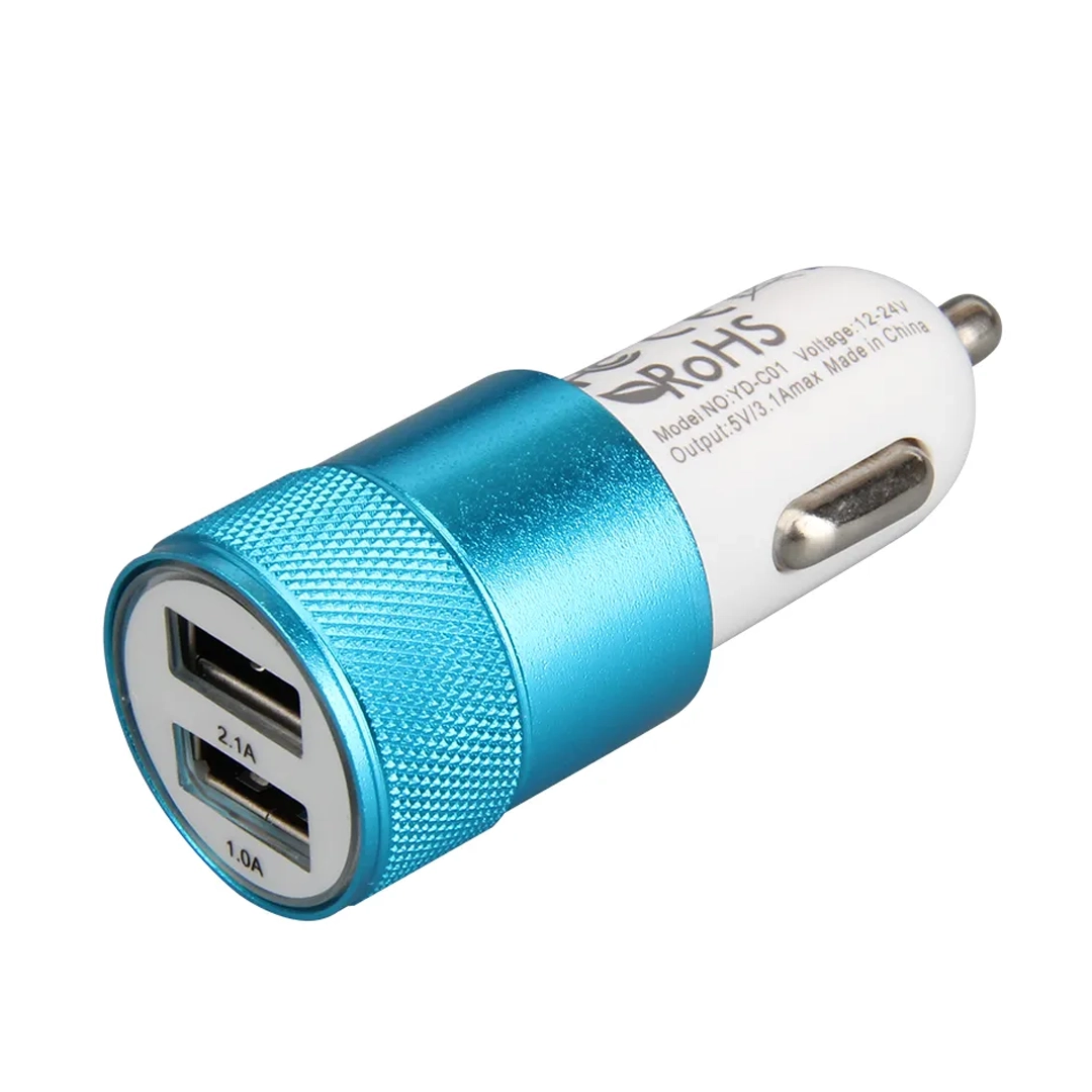 (3377) Cargador para carro doble usb puertos 5v  2.1 y 1.0a metalizado